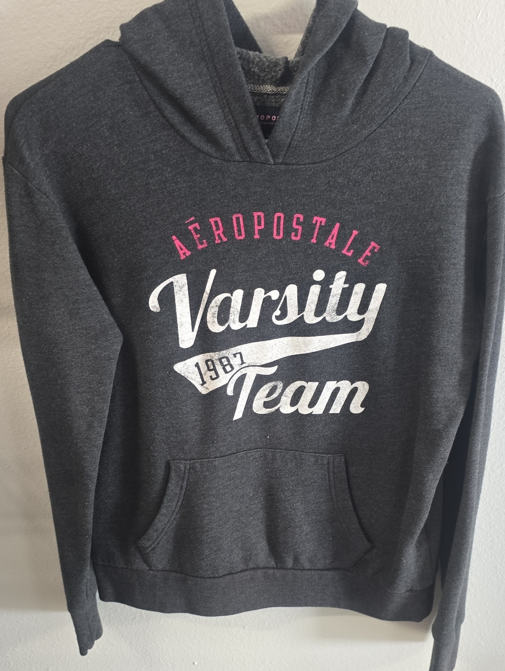 Aeropostale Dark Charcoal Hoodie Sweatshirt with Pink & White Logo